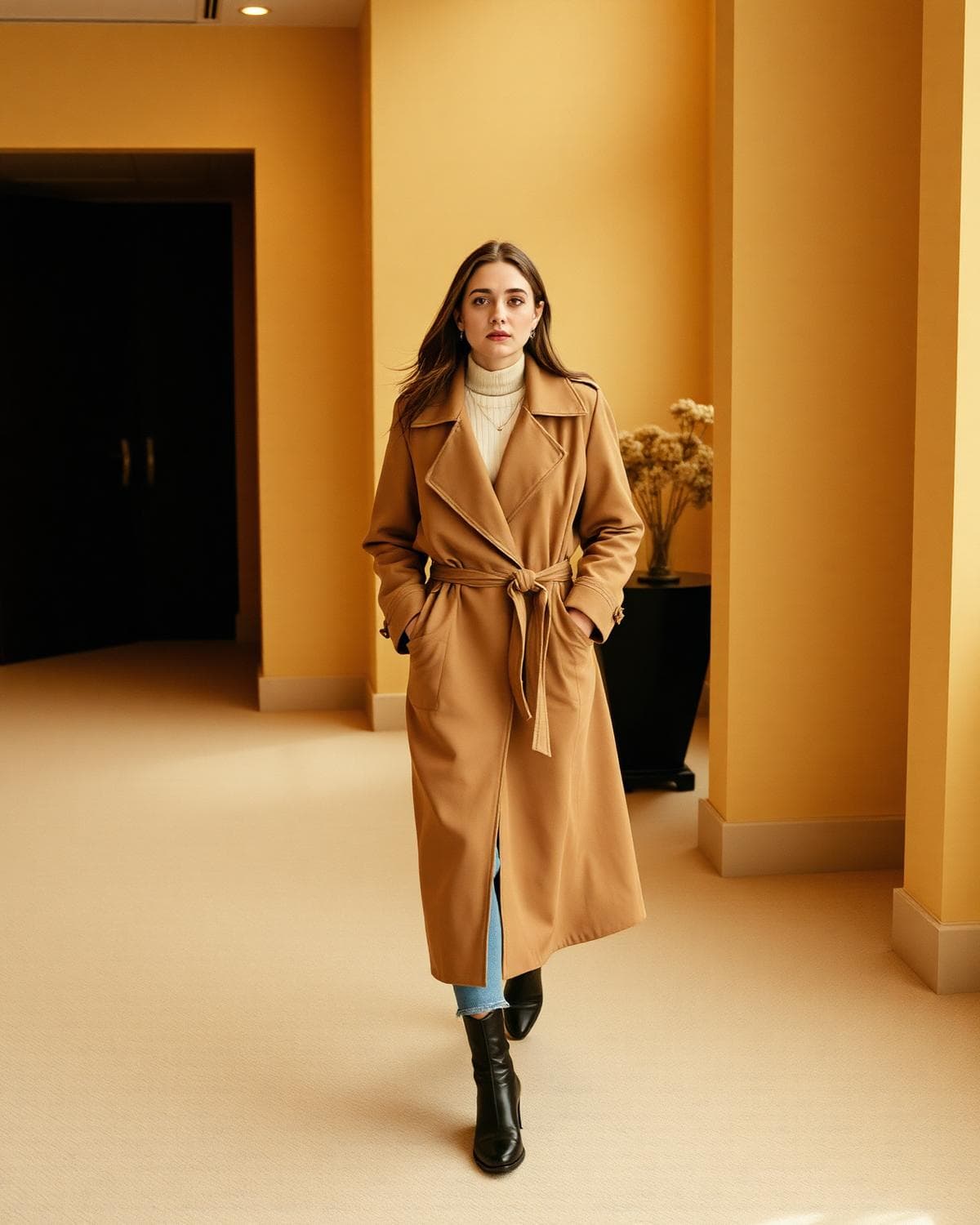 Model in flowing silk georgette draped dress against a neutral backdrop — Elara Couture Summer capsule editorial